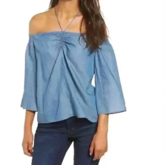Hinge Chambray Off Shoulder Top Blouse Size XS Boxy Lightweight Blue Flare - Picture 1 of 7